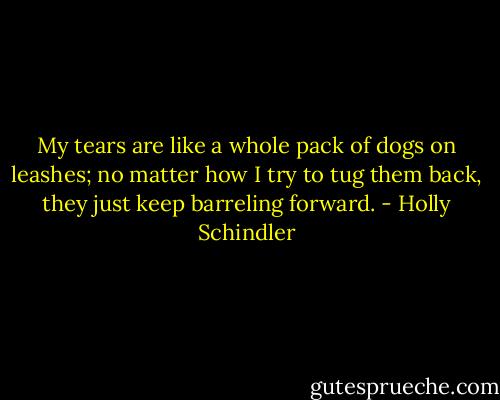 My tears are like a whole pack of dogs on leashes; no matter how I try to tug them back, they just keep barreling forward. - Holly Schindler