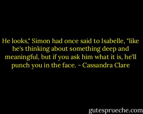 He looks," Simon had once said to Isabelle, "like he's thinking about something deep and meaningful, but if you ask him what it is, he'll punch you in the face. - Cassandra Clare