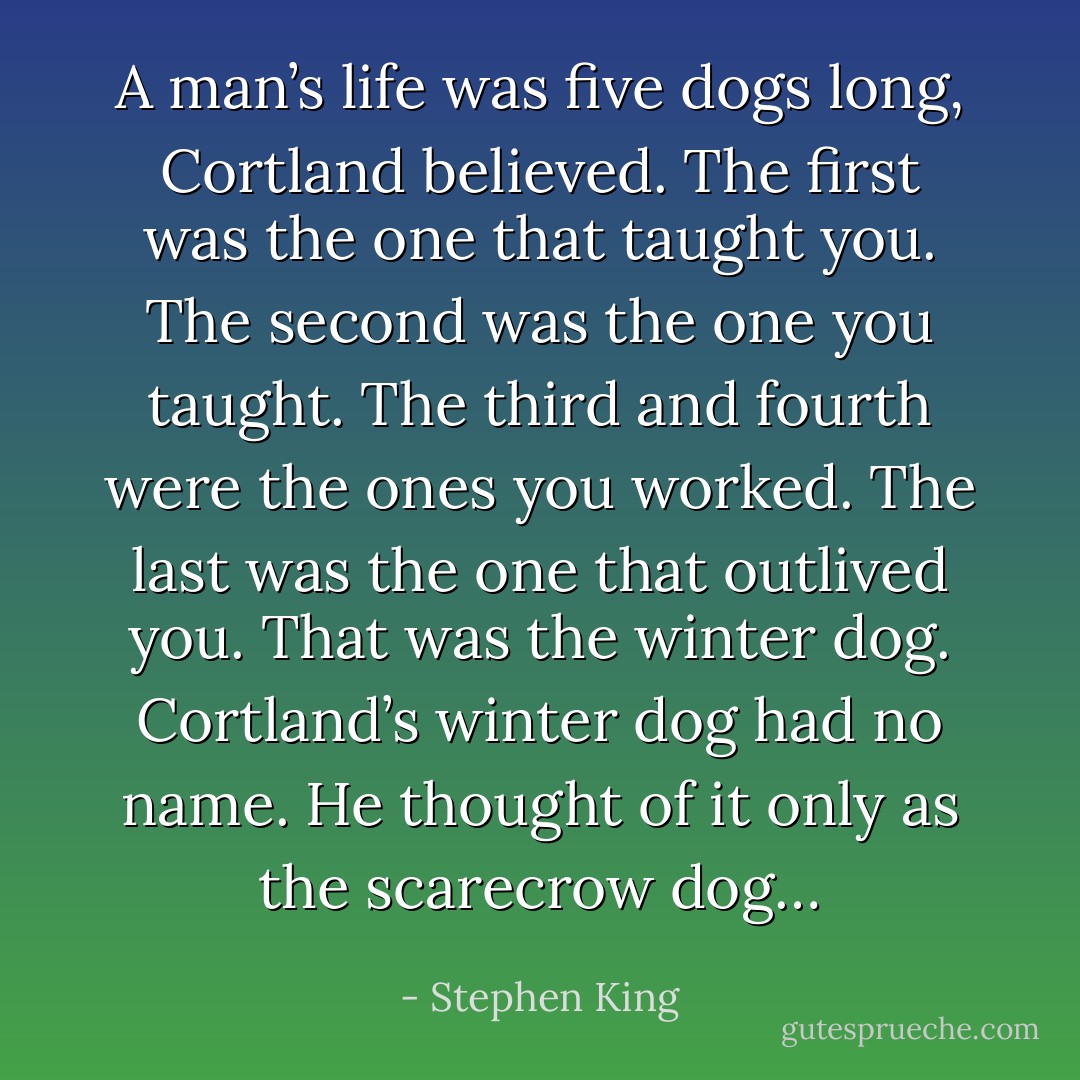 A man’s life was five dogs long, Cortland believed. The first was the one that taught you. The second was the one you taught. The third and fourth were the ones you worked. The last was the one that outlived you. That was the winter dog. Cortland’s winter dog had no name. He thought of it only as the scarecrow dog… - Stephen King