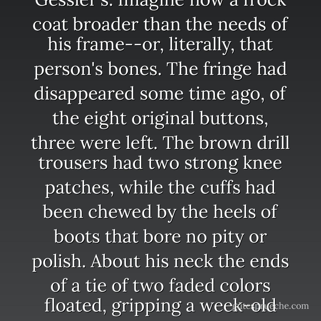 Imagine a man between thirty-eight and forty, tall, slim, and pale. His clothes, except for their style, looked as if they'd escaped from the Babylonian captivity. The hat was a contemporary of one of Gessler's. Imagine now a frock coat broader than the needs of his frame--or, literally, that person's bones. The fringe had disappeared some time ago, of the eight original buttons, three were left. The brown drill trousers had two strong knee patches, while the cuffs had been chewed by the heels of boots that bore no pity or polish. About his neck the ends of a tie of two faded colors floated, gripping a week-old collar. I think he was also wearing a dark silk vest, torn in places and unbuttoned. <br />"I'll bet you don't know me, my good Dr. Cubas," he said. <br />"I can't recall..."<br />"I'm Borba, Quincas Borba. - Machado de Assis