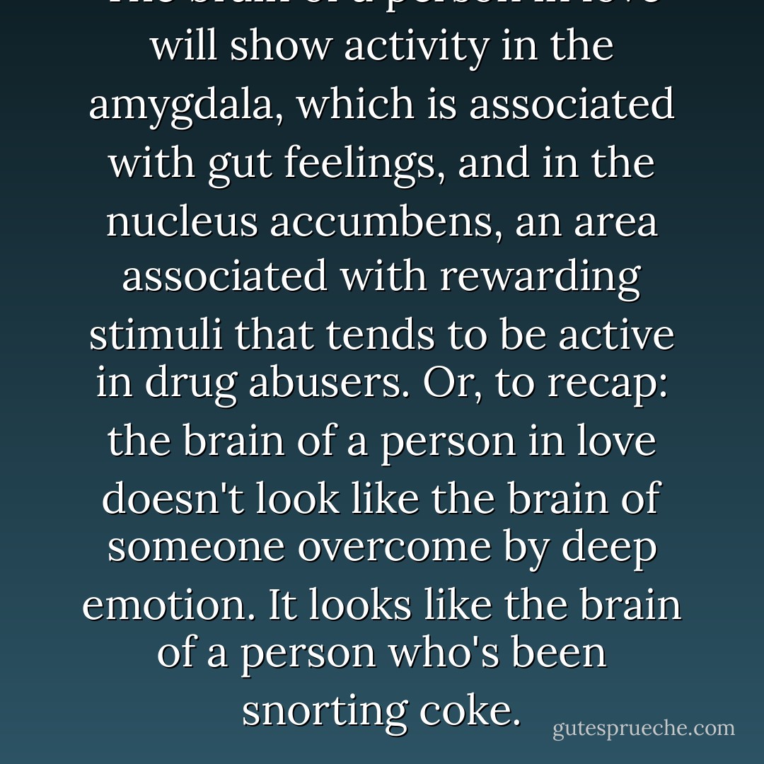 The brain of a person in love will show activity in the amygdala, which is associated with gut feelings, and in the nucleus accumbens, an area associated with rewarding stimuli that tends to be active in drug abusers. Or, to recap: the brain of a person in love doesn't look like the brain of someone overcome by deep emotion. It looks like the brain of a person who's been snorting coke. - Jodi Picoult