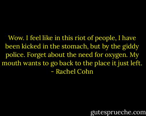 Wow. I feel like in this riot of people, I have been kicked in the stomach, but by the giddy police. Forget about the need for oxygen. My mouth wants to go back to the place it just left. - Rachel Cohn