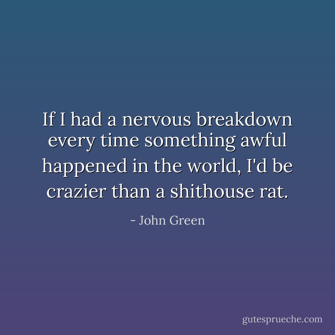 If I had a nervous breakdown every time something awful happened in the world, I'd be crazier than a shithouse rat. - John Green