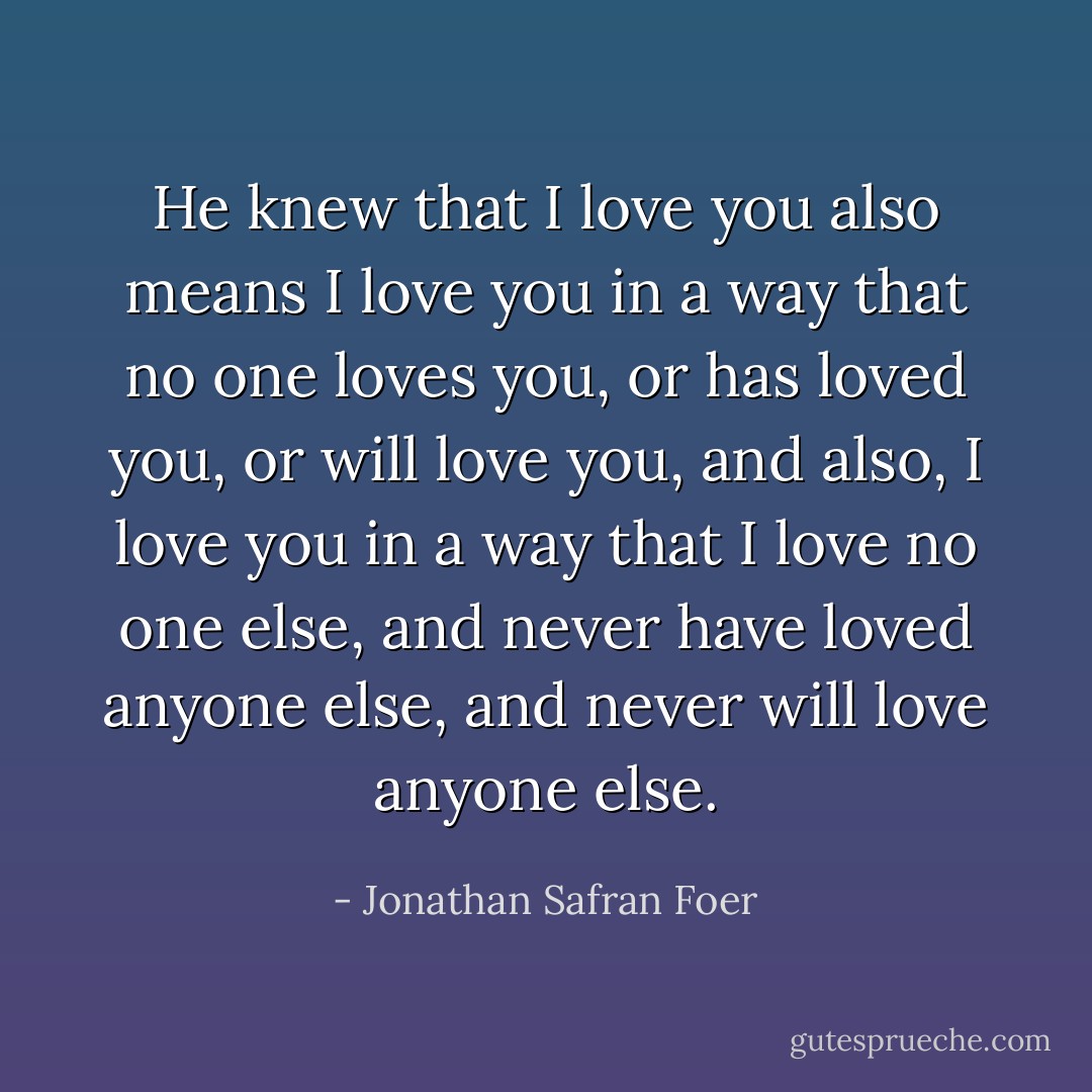 He knew that I love you also means I love you in a way that no one loves you, or has loved you, or will love you, and also, I love you in a way that I love no one else, and never have loved anyone else, and never will love anyone else. - Jonathan Safran Foer
