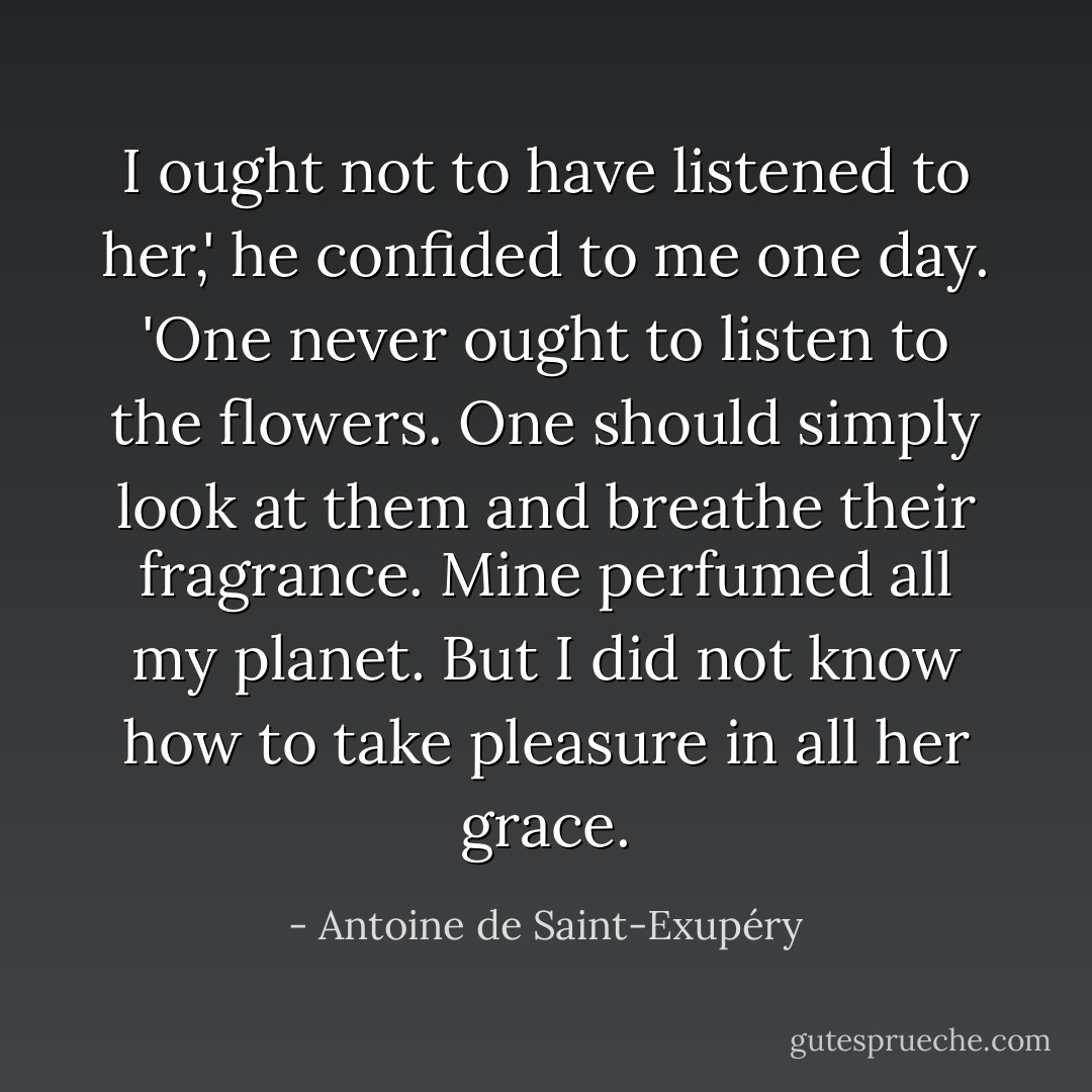 I ought not to have listened to her,' he confided to me one day. 'One never ought to listen to the flowers. One should simply look at them and breathe their fragrance. Mine perfumed all my planet. But I did not know how to take pleasure in all her grace. - Antoine de Saint-Exupéry