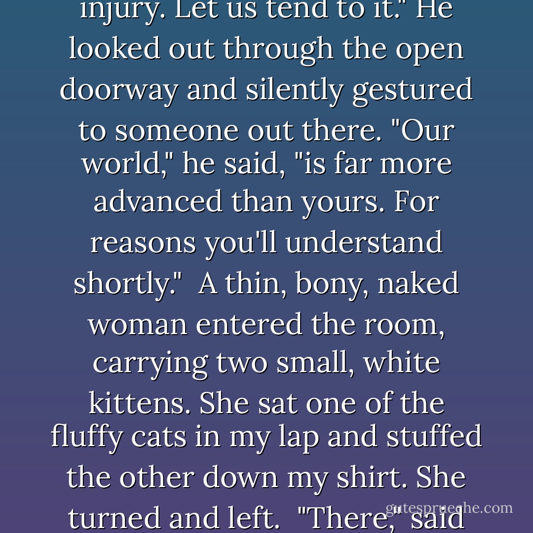 The man walked past me and stopped, observing the blood running down my neck.<br /><br />"Your injury. Let us tend to it." He looked out through the open doorway and silently gestured to someone out there. "Our world," he said, "is far more advanced than yours. For reasons you'll understand shortly."<br /><br />A thin, bony, naked woman entered the room, carrying two small, white kittens. She sat one of the fluffy cats in my lap and stuffed the other down my shirt. She turned and left.<br /><br />"There," said the large man. "The kittens will make your sad go away. - David  Wong