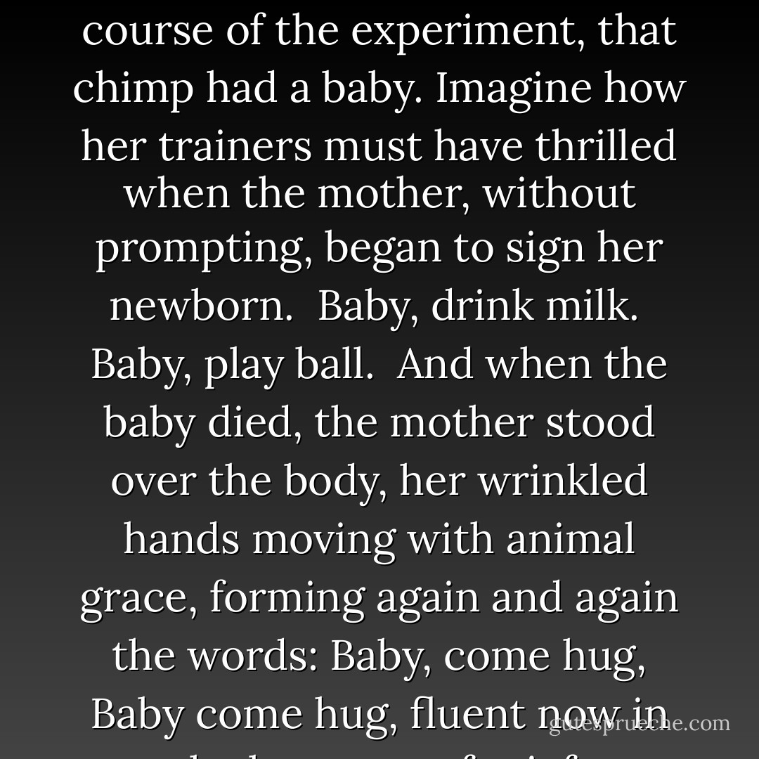  I think of the chimp, the one with the talking hands.<br /> In the course of the experiment, that chimp had a baby. Imagine how her trainers must have thrilled when the mother, without prompting, began to sign her newborn.<br /> Baby, drink milk.<br /> Baby, play ball.<br /> And when the baby died, the mother stood over the body, her wrinkled hands moving with animal grace, forming again and again the words: Baby, come hug, Baby come hug, fluent now in the language of grief. - Amy Hempel