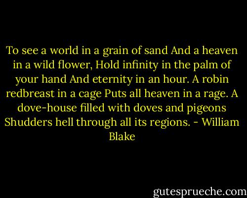 To see a world in a grain of sand<br />And a heaven in a wild flower,<br />Hold infinity in the palm of your hand<br />And eternity in an hour.<br />A robin redbreast in a cage<br />Puts all heaven in a rage.<br />A dove-house filled with doves and pigeons<br />Shudders hell through all its regions. - William Blake