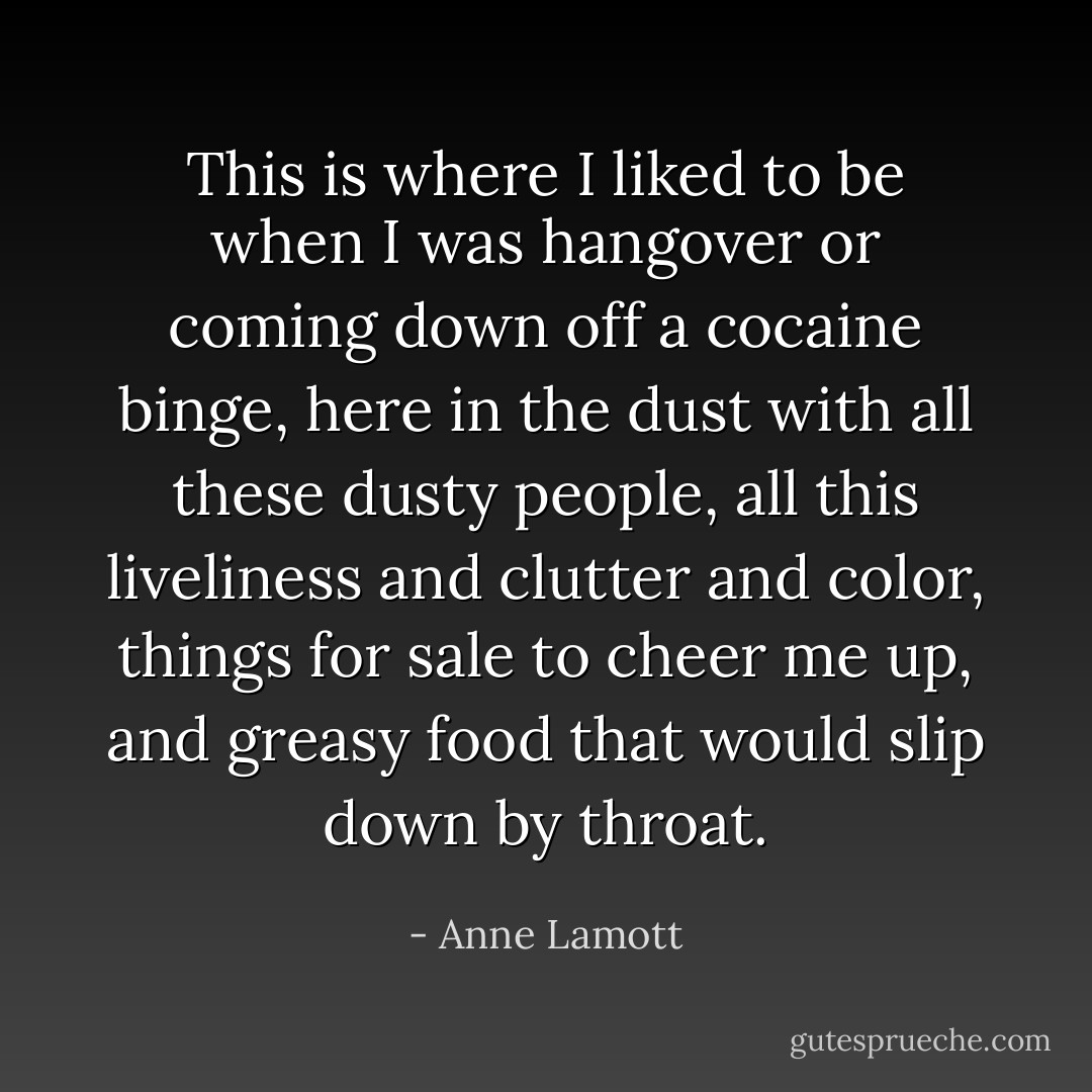 This is where I liked to be when I was hangover or coming down off a cocaine binge, here in the dust with all these dusty people, all this liveliness and clutter and color, things for sale to cheer me up, and greasy food that would slip down by throat. - Anne Lamott