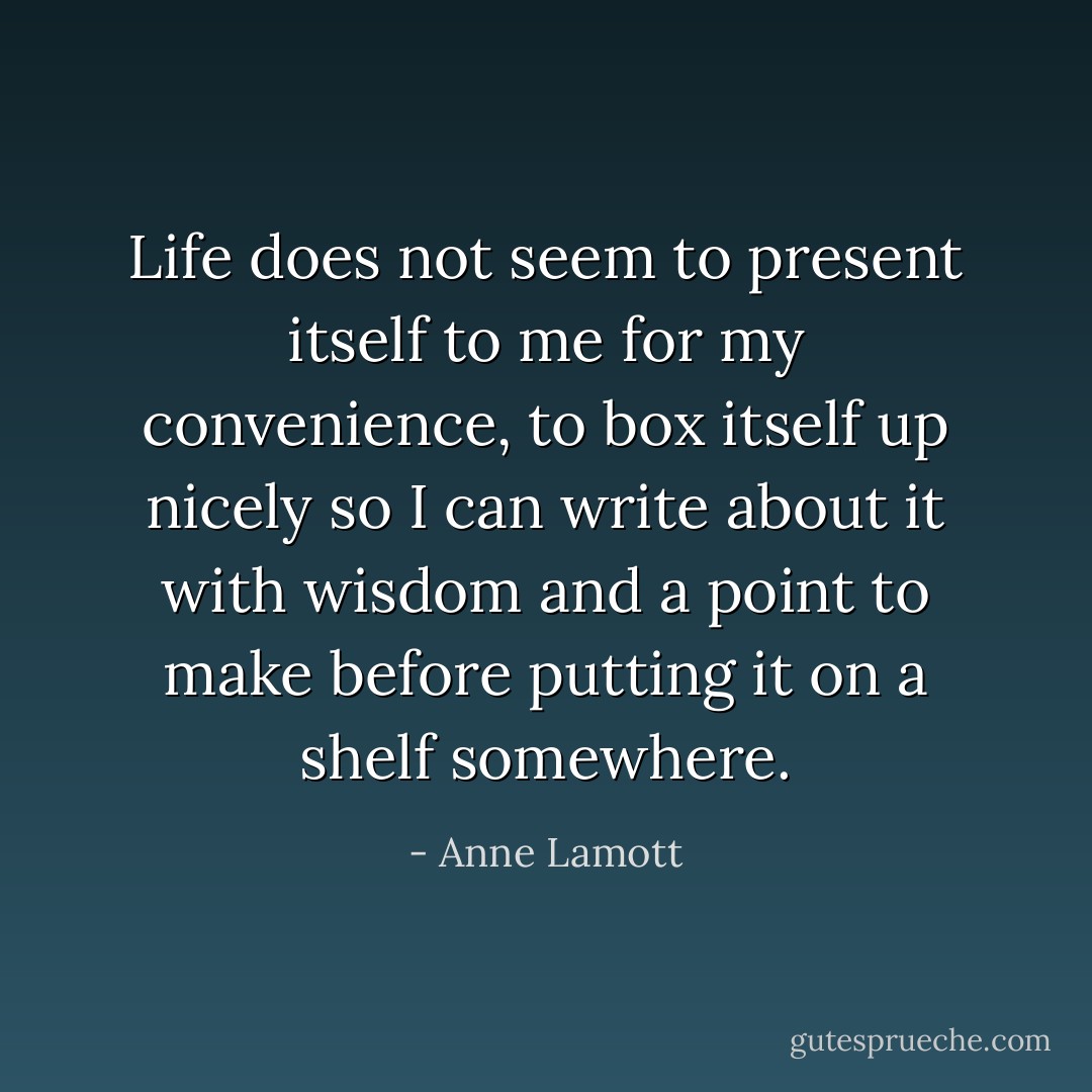 Life does not seem to present itself to me for my convenience, to box itself up nicely so I can write about it with wisdom and a point to make before putting it on a shelf somewhere. - Anne Lamott