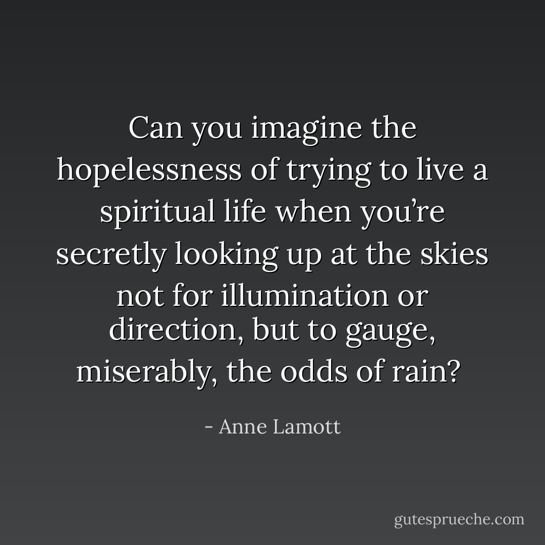 Can you imagine the hopelessness of trying to live a spiritual life when you’re secretly looking up at the skies not for illumination or direction, but to gauge, miserably, the odds of rain?  - Anne Lamott