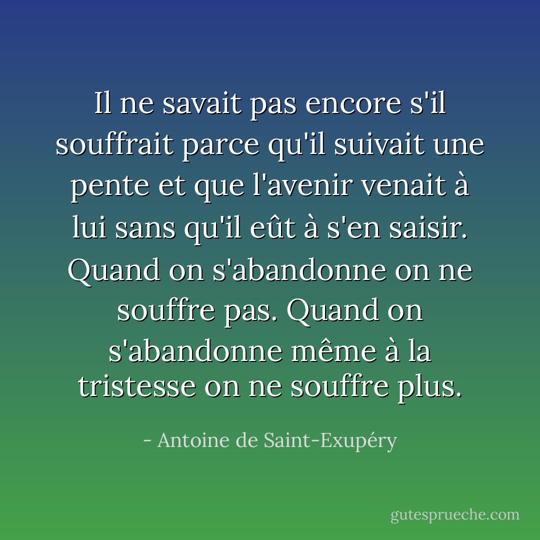 Il ne savait pas encore s'il souffrait parce qu'il suivait une pente et que l'avenir venait à lui sans qu'il eût à s'en saisir. Quand on s'abandonne on ne souffre pas. Quand on s'abandonne même à la tristesse on ne souffre plus. - Antoine de Saint-Exupéry