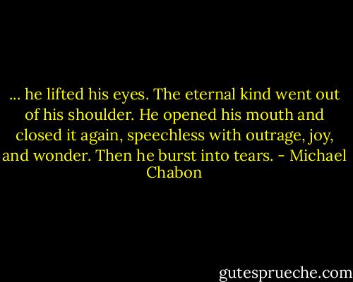 ... he lifted his eyes. The eternal kind went out of his shoulder. He opened his mouth and closed it again, speechless with outrage, joy, and wonder. Then he burst into tears. - Michael Chabon