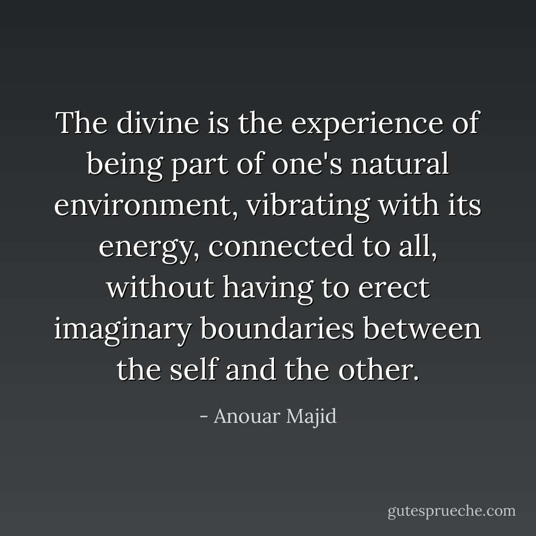 The divine is the experience of being part of one's natural environment, vibrating with its energy, connected to all, without having to erect imaginary boundaries between the self and the other. - Anouar Majid