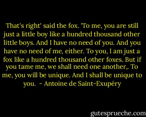That's right' said the fox. 'To me, you are still just a little boy like a hundred thousand other little boys. And I have no need of you. And you have no need of me, either. To you, I am just a fox like a hundred thousand other foxes. But if you tame me, we shall need one another,. To me, you will be unique. And I shall be unique to you.  - Antoine de Saint-Exupéry