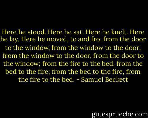 Here he stood. Here he sat. Here he knelt. Here he lay. Here he moved, to and fro, from the door to the window, from the window to the door; from the window to the door, from the door to the window; from the fire to the bed, from the bed to the fire; from the bed to the fire, from the fire to the bed. - Samuel Beckett