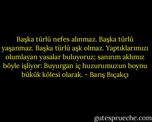 Başka türlü nefes alınmaz. Başka türlü yaşanmaz. Başka türlü aşk olmaz. Yaptıklarımızı olumlayan yasalar buluyoruz; sanırım aklımız böyle işliyor: Buyurgan iç huzurumuzun boynu bükük kölesi olarak. - Barış Bıçakçı