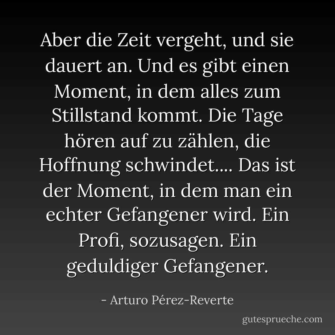 Aber die Zeit vergeht, und sie dauert an. Und es gibt einen Moment, in dem alles zum Stillstand kommt. Die Tage hören auf zu zählen, die Hoffnung schwindet.... Das ist der Moment, in dem man ein echter Gefangener wird. Ein Profi, sozusagen. Ein geduldiger Gefangener. - Arturo Pérez-Reverte<