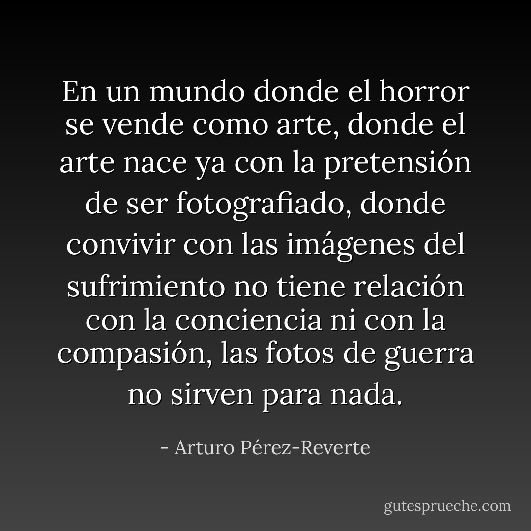 En un mundo donde el horror se vende como arte, donde el arte nace ya con la pretensión de ser fotografiado, donde convivir con las imágenes del sufrimiento no tiene relación con la conciencia ni con la compasión, las fotos de guerra no sirven para nada. - Arturo Pérez-Reverte