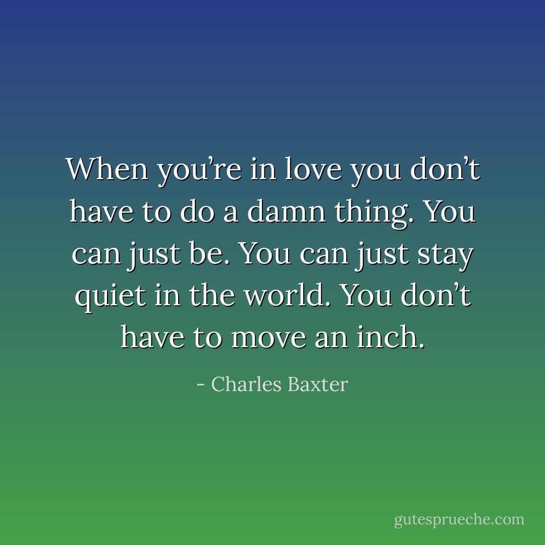 When you’re in love you don’t have to do a damn thing. You can just be. You can just stay quiet in the world. You don’t have to move an inch. - Charles Baxter