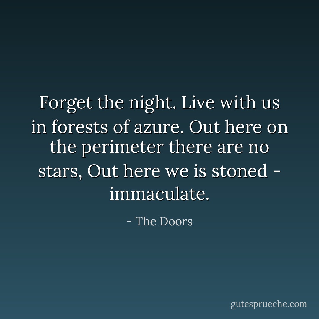 Forget the night.<br />Live with us in forests of azure.<br />Out here on the perimeter there are no stars,<br />Out here we is stoned - immaculate. - The Doors