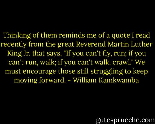 Thinking of them reminds me of a quote I read recently from the great Reverend Martin Luther King Jr. that says, "If you can't fly, run; if you can't run, walk; if you can't walk, crawl." We must encourage those still struggling to keep moving forward. - William Kamkwamba