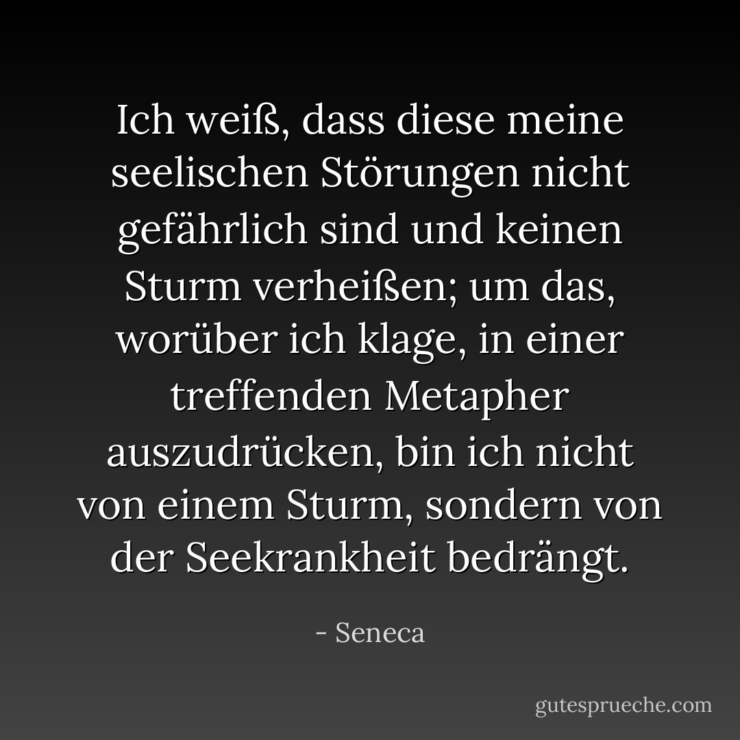 Ich weiß, dass diese meine seelischen Störungen nicht gefährlich sind und keinen Sturm verheißen; um das, worüber ich klage, in einer treffenden Metapher auszudrücken, bin ich nicht von einem Sturm, sondern von der Seekrankheit bedrängt. - Seneca<