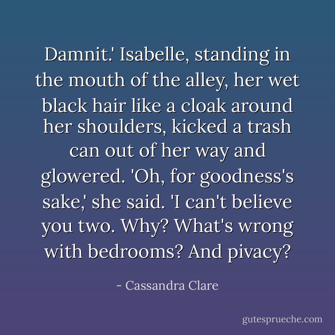 Damnit.' Isabelle, standing in the mouth of the alley, her wet black hair like a cloak around her shoulders, kicked a trash can out of her way and glowered. 'Oh, for goodness's sake,' she said. 'I can't believe you two. Why? What's wrong with bedrooms? And pivacy? - Cassandra Clare