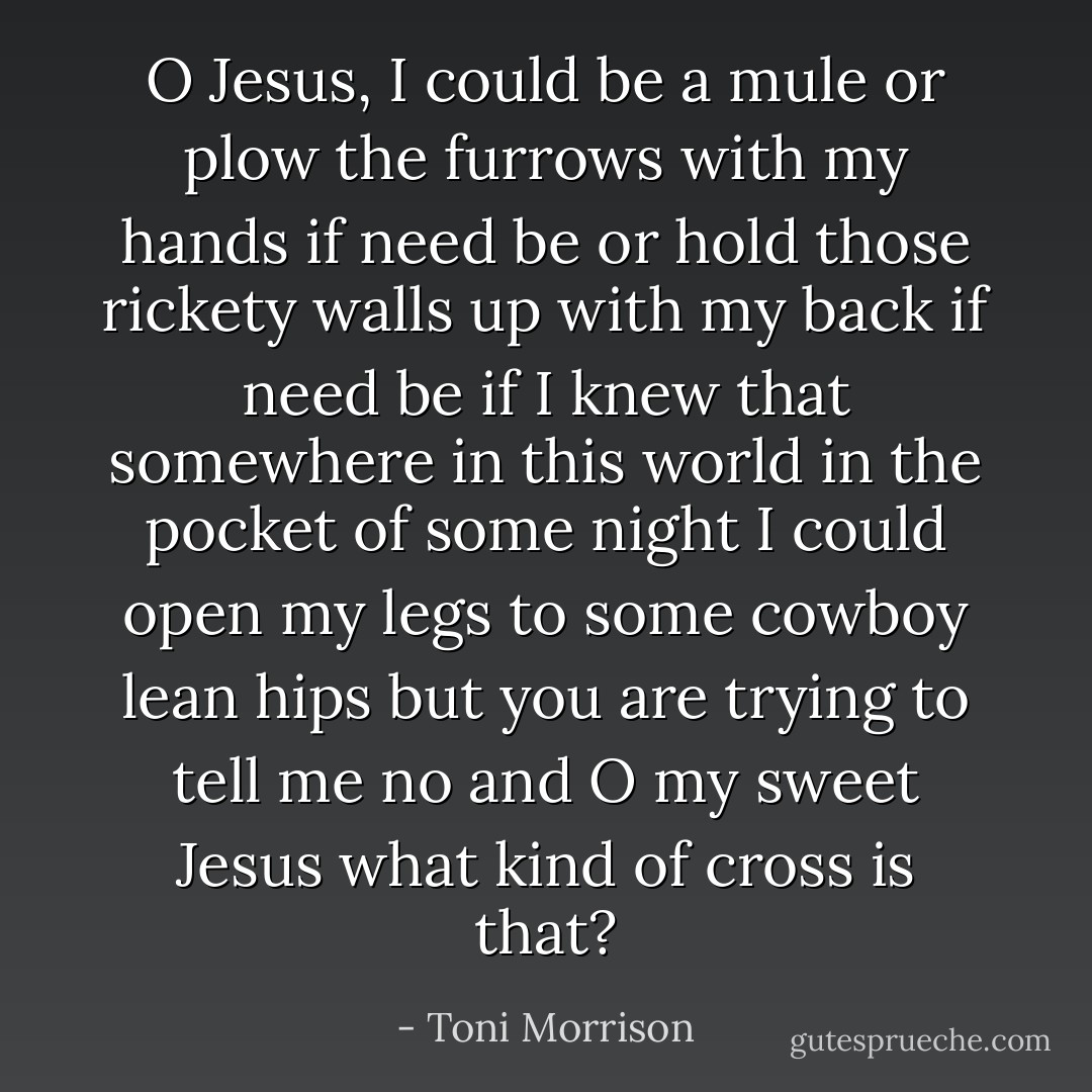 O Jesus, I could be a mule or plow the furrows with my hands if need be or hold those rickety walls up with my back if need be if I knew that somewhere in this world in the pocket of some night I could open my legs to some cowboy lean hips but you are trying to tell me no and O my sweet Jesus what kind of cross is that? - Toni Morrison