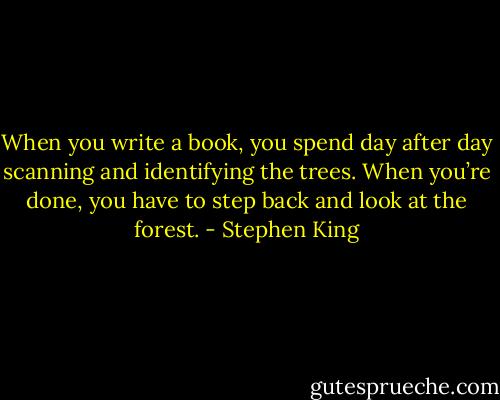 When you write a book, you spend day after day scanning and identifying the trees. When you’re done, you have to step back and look at the forest. - Stephen King