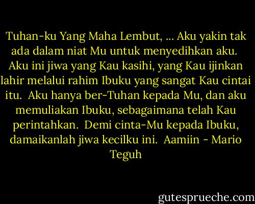 Tuhan-ku Yang Maha Lembut,<br />...<br />Aku yakin tak ada dalam niat Mu<br />untuk menyedihkan aku.<br /><br />Aku ini jiwa yang Kau kasihi,<br />yang Kau ijinkan lahir<br />melalui rahim Ibuku<br />yang sangat Kau cintai itu.<br /><br />Aku hanya ber-Tuhan kepada Mu,<br />dan aku memuliakan Ibuku,<br />sebagaimana telah Kau perintahkan.<br /><br />Demi cinta-Mu kepada Ibuku,<br />damaikanlah jiwa kecilku ini.<br /><br />Aamiin - Mario Teguh