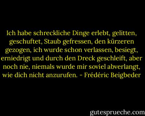 Ich habe schreckliche Dinge erlebt, gelitten, geschuftet, Staub gefressen, den kürzeren gezogen, ich wurde schon verlassen, besiegt, erniedrigt und durch den Dreck geschleift, aber noch nie, niemals wurde mir soviel abverlangt, wie dich nicht anzurufen. - Frédéric Beigbeder