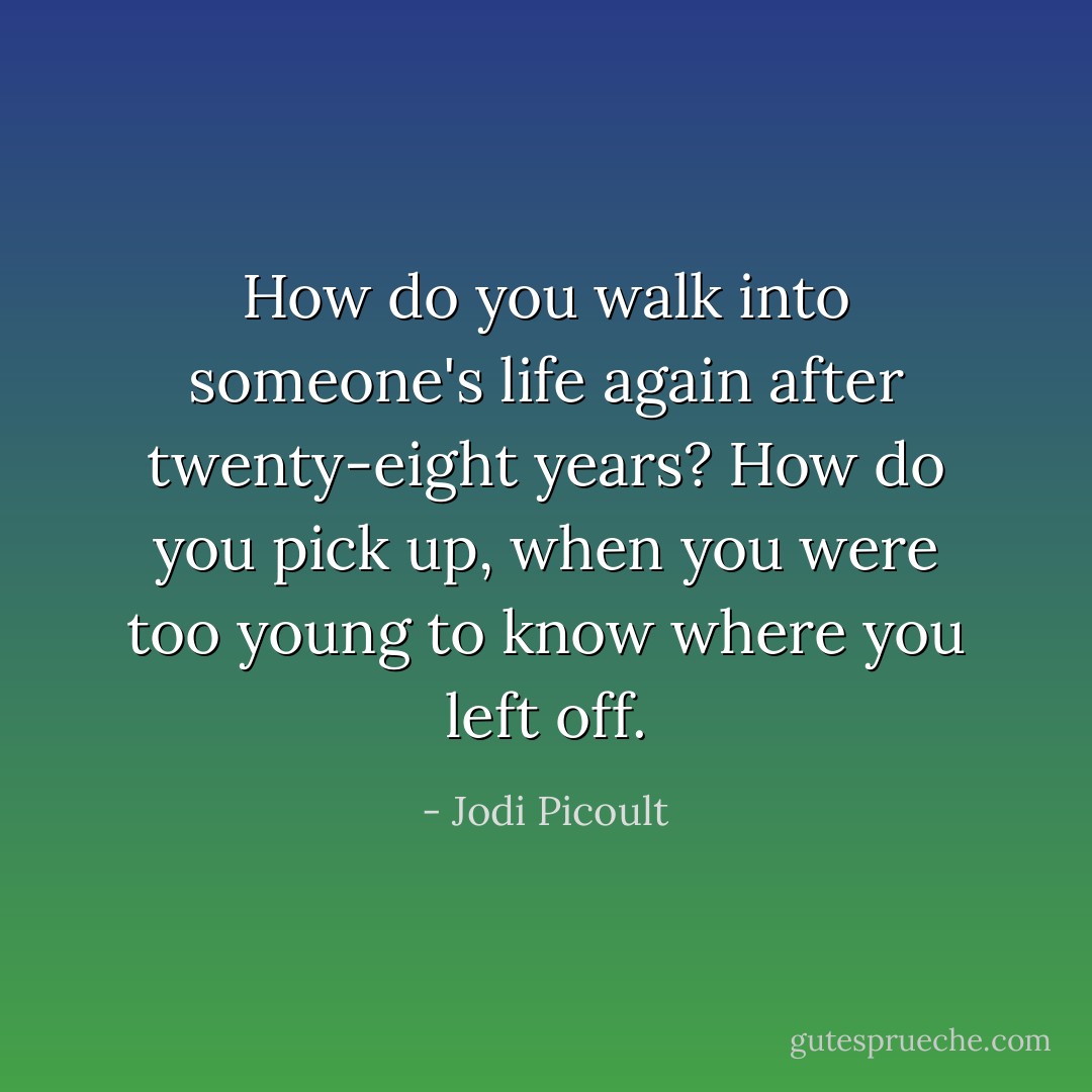 How do you walk into someone's life again after twenty-eight years? How do you pick up, when you were too young to know where you left off. - Jodi Picoult