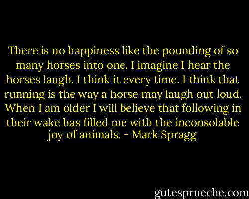 There is no happiness like the pounding of so many horses into one. I imagine I hear the horses laugh. I think it every time. I think that running is the way a horse may laugh out loud. When I am older I will believe that following in their wake has filled me with the inconsolable joy of animals. - Mark Spragg