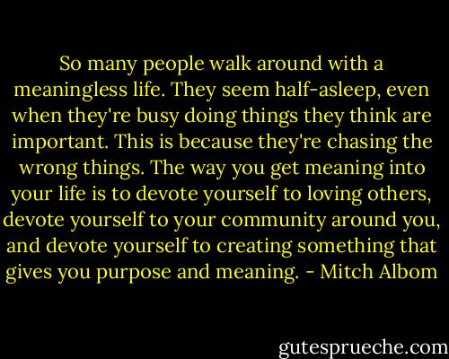 So many people walk around with a meaningless life. They seem half-asleep, even when they're busy doing things they think are important. This is because they're chasing the wrong things. The way you get meaning into your life is to devote yourself to loving others, devote yourself to your community around you, and devote yourself to creating something that gives you purpose and meaning. - Mitch Albom