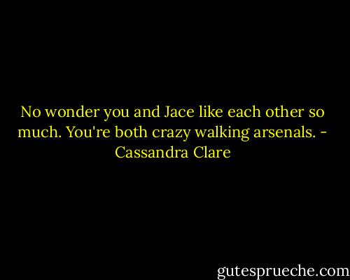No wonder you and Jace like each other so much. You're both crazy walking arsenals. - Cassandra Clare
