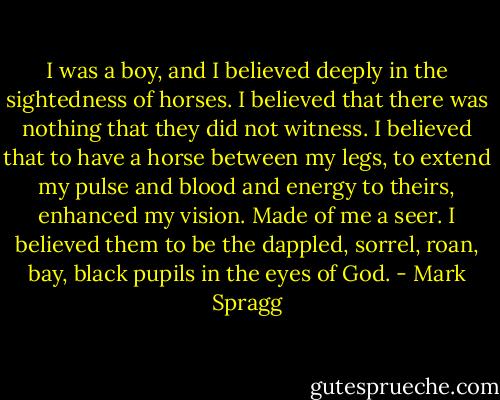 I was a boy, and I believed deeply in the sightedness of horses. I believed that there was nothing that they did not witness. I believed that to have a horse between my legs, to extend my pulse and blood and energy to theirs, enhanced my vision. Made of me a seer. I believed them to be the dappled, sorrel, roan, bay, black pupils in the eyes of God. - Mark Spragg