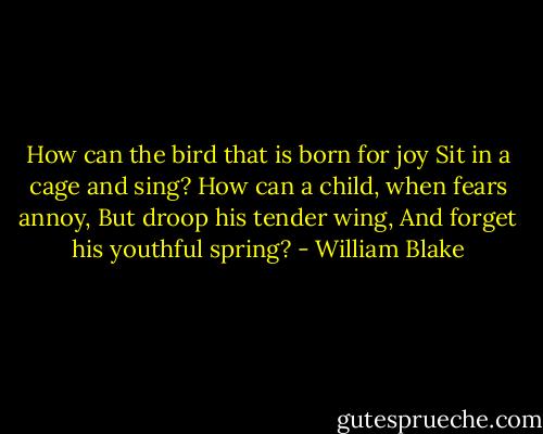 How can the bird that is born for joy<br />Sit in a cage and sing?<br />How can a child, when fears annoy,<br />But droop his tender wing,<br />And forget his youthful spring? - William Blake