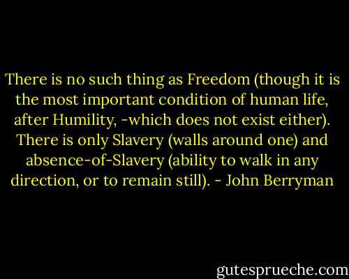 There is no such thing as Freedom (though it is the most important condition of human life, after Humility, -which does not exist either). There is only Slavery (walls around one) and absence-of-Slavery (ability to walk in any direction, or to remain still). - John Berryman