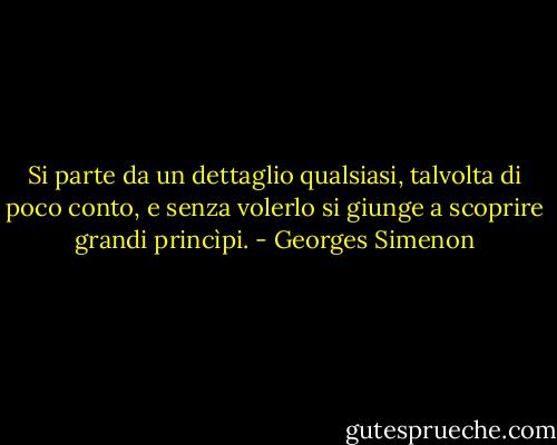 Si parte da un dettaglio qualsiasi, talvolta di poco conto, e senza volerlo si giunge a scoprire grandi princìpi. - Georges Simenon