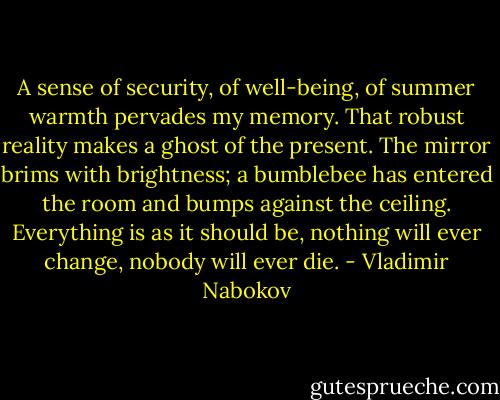 A sense of security, of well-being, of summer warmth pervades my memory. That robust reality makes a ghost of the present. The mirror brims with brightness; a bumblebee has entered the room and bumps against the ceiling. Everything is as it should be, nothing will ever change, nobody will ever die. - Vladimir Nabokov