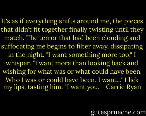 It's as if everything shifts around me, the pieces that didn't fit together finally twisting until they match. The terror that had been clouding and suffocating me begins to filter away, dissipating in the night. "I want something more too," I whisper. "I want more than looking back and wishing for what was or what could have been. Who I was or could have been. I want..." I lick my lips, tasting him. "I want you. - Carrie Ryan