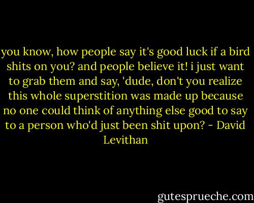 you know, how people say it's good luck if a bird shits on you? and people believe it! i just want to grab them and say, 'dude, don't you realize this whole superstition was made up because no one could think of anything else good to say to a person who'd just been shit upon? - David Levithan