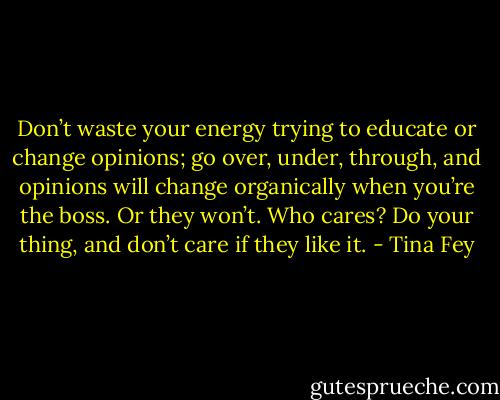 Don’t waste your energy trying to educate or change opinions; go over, under, through, and opinions will change organically when you’re the boss. Or they won’t. Who cares? Do your thing, and don’t care if they like it. - Tina Fey