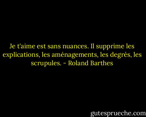 Je t'aime est sans nuances. Il supprime les explications, les aménagements, les degrés, les scrupules. - Roland Barthes