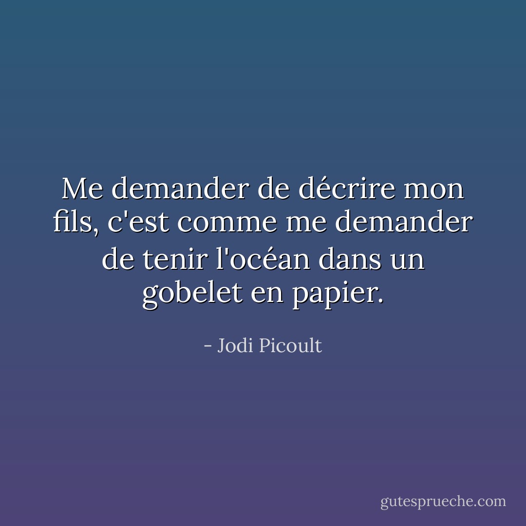 Me demander de décrire mon fils, c'est comme me demander de tenir l'océan dans un gobelet en papier. - Jodi Picoult