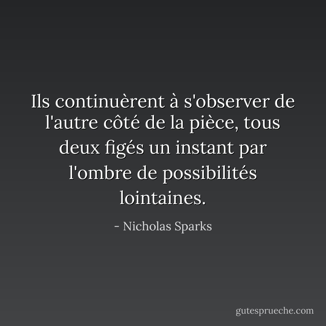 Ils continuèrent à s'observer de l'autre côté de la pièce, tous deux figés un instant par l'ombre de possibilités lointaines. - Nicholas Sparks