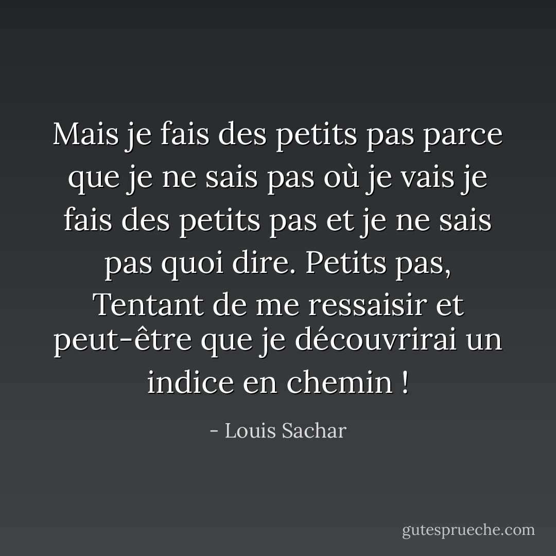 Mais je fais des petits pas<br />parce que je ne sais pas où je vais<br />je fais des petits pas<br />et je ne sais pas quoi dire.<br />Petits pas,<br />Tentant de me ressaisir<br />et peut-être que je découvrirai<br />un indice en chemin ! - Louis Sachar