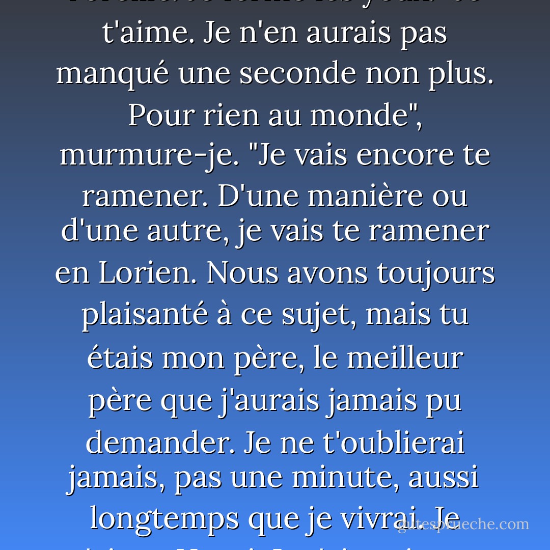 Je suis vraiment désolée, Henri", lui chuchote-t-on à l'oreille. Je ferme les yeux. "Je t'aime. Je n'en aurais pas manqué une seconde non plus. Pour rien au monde", murmure-je. "Je vais encore te ramener. D'une manière ou d'une autre, je vais te ramener en Lorien. Nous avons toujours plaisanté à ce sujet, mais tu étais mon père, le meilleur père que j'aurais jamais pu demander. Je ne t'oublierai jamais, pas une minute, aussi longtemps que je vivrai. Je t'aime, Henri. Je t'ai toujours aimé. - Pittacus Lore