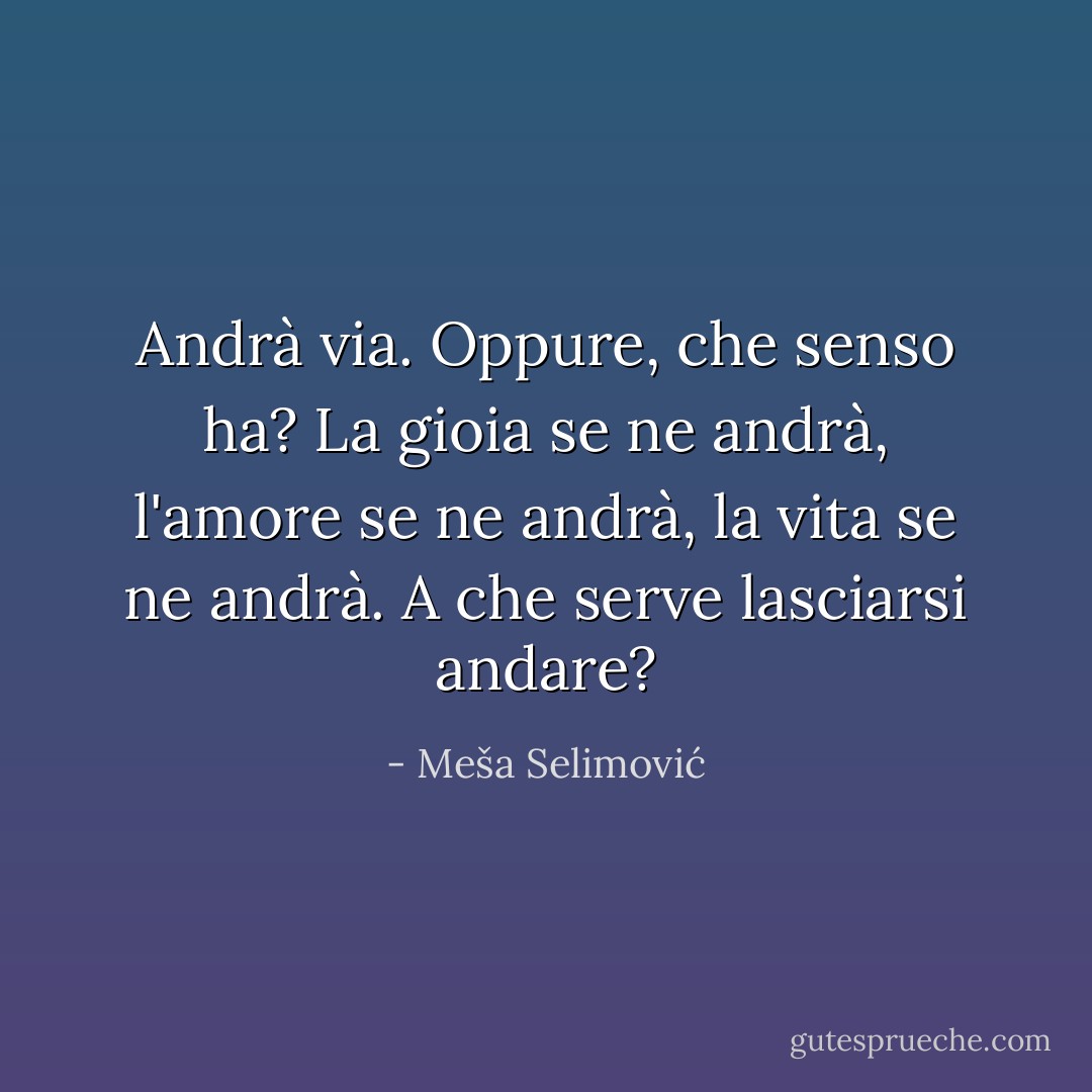 Andrà via. Oppure, che senso ha? La gioia se ne andrà, l'amore se ne andrà, la vita se ne andrà. A che serve lasciarsi andare? - Meša Selimović